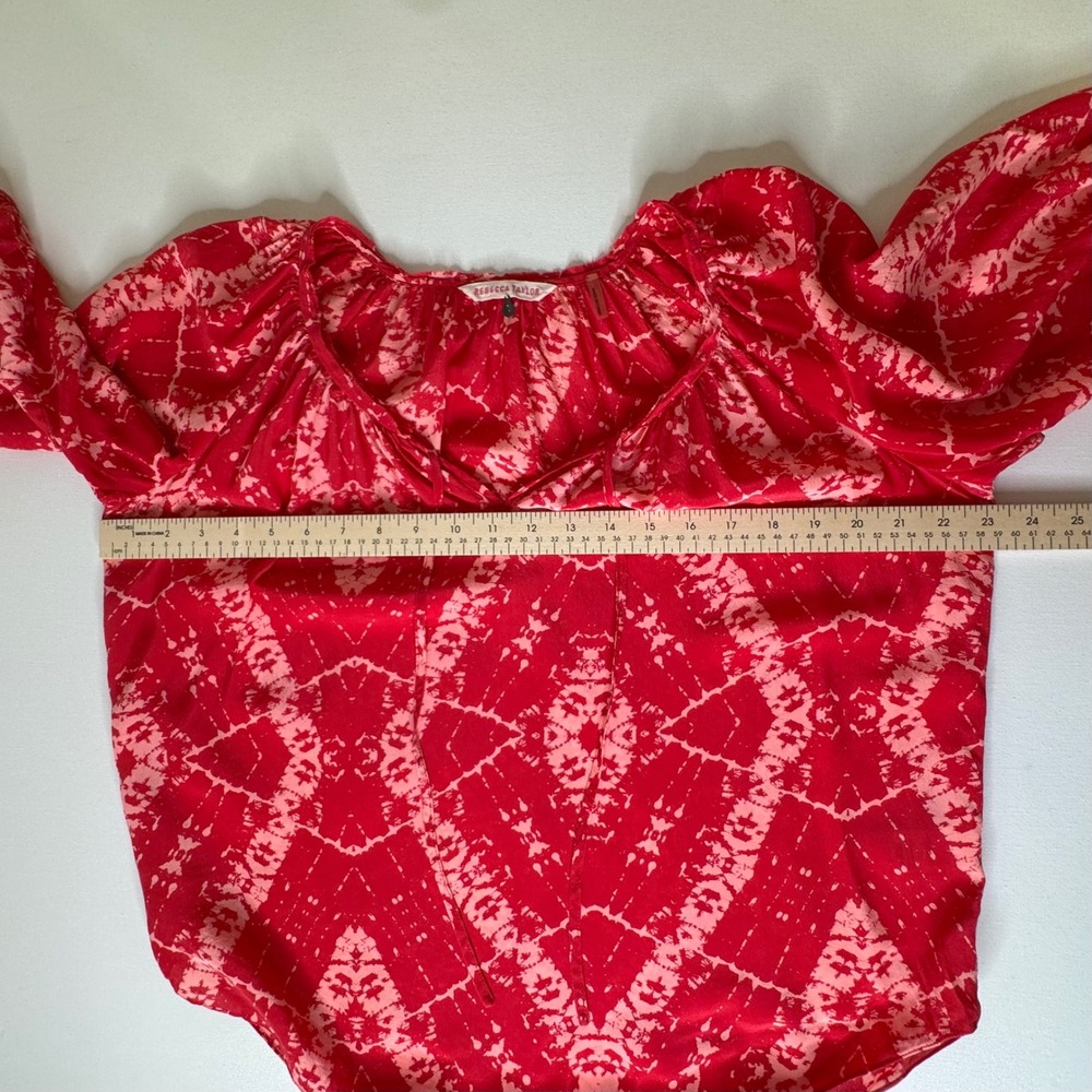 Rebecca Taylor 100% Silk Red Tie‎ Dye Print Blouse Size 6 Lightweight Sheer Chic - Picture 9 of 9